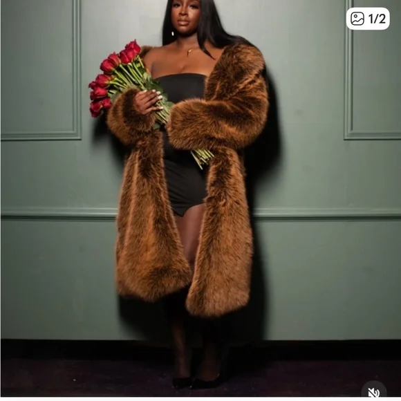 AKIRA DAYANNE LONG SATIN LINING FAUX FUR TRENCH COAT Brown